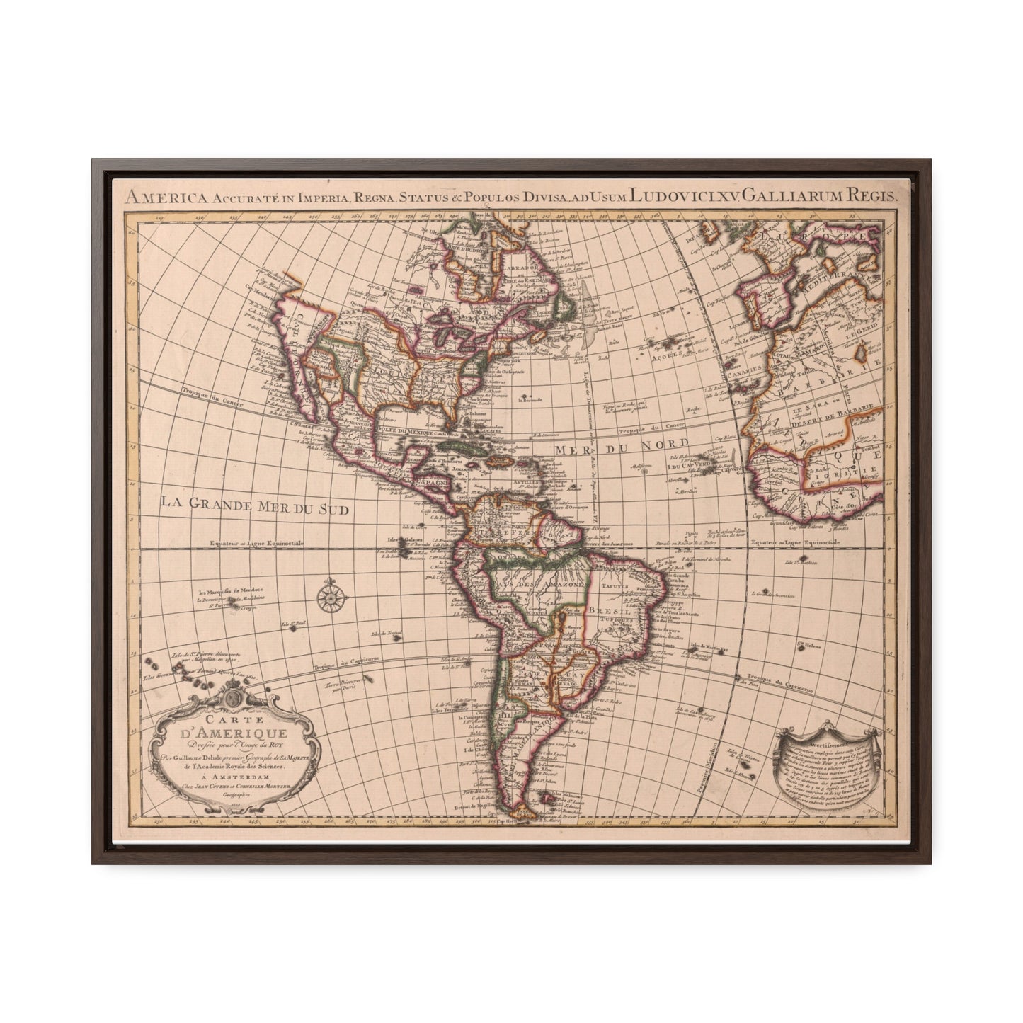 Antique 1793 Map of North and South America Canvas, Walnut or Black Frame